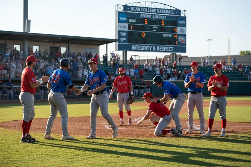 Baseball players demonstrating sportsmanship and integrity on college field