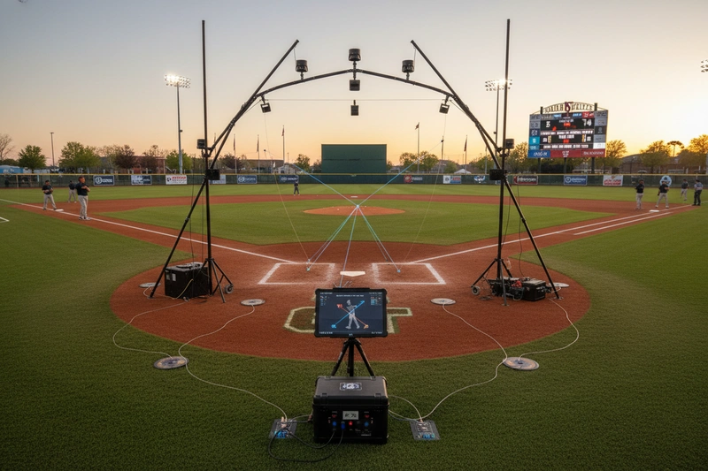 Modern baseball technology with pitch tracking and swing analysis equipment on college field