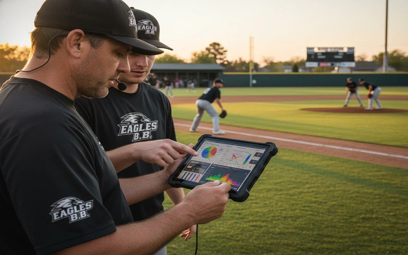 College baseball coach reviewing advanced analytics data on tablet during practice session