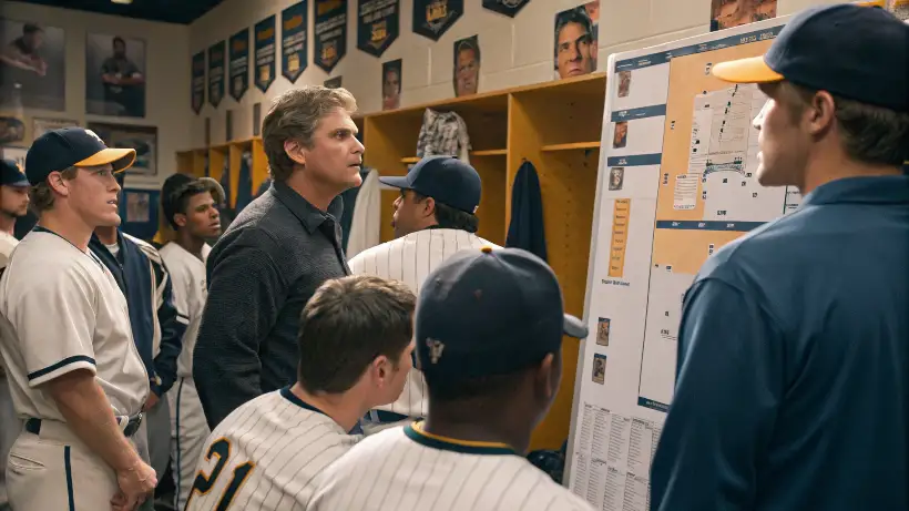 College baseball coaches and players reviewing a postseason bracket board in a locker room
