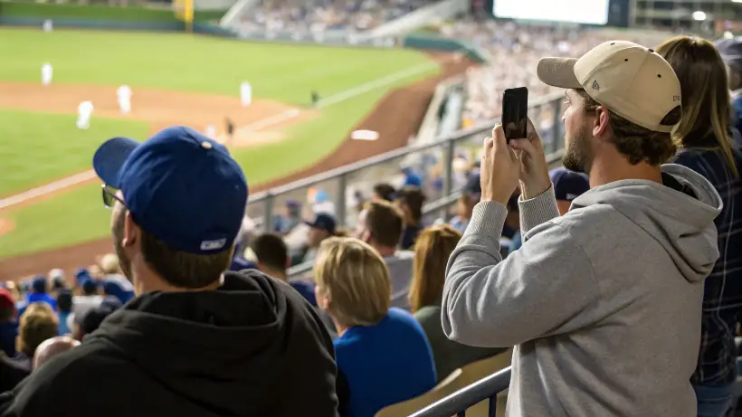 College baseball fans watching an Omaha postseason game while checking bracket updates on phones