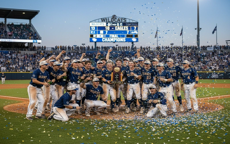 College baseball team celebrating with championship trophy after winning College World Series