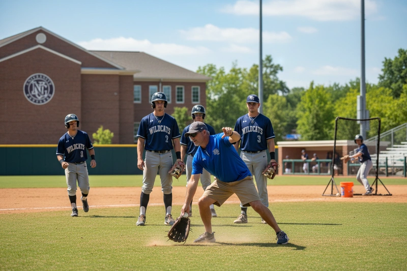 College baseball coach working with players on skill development