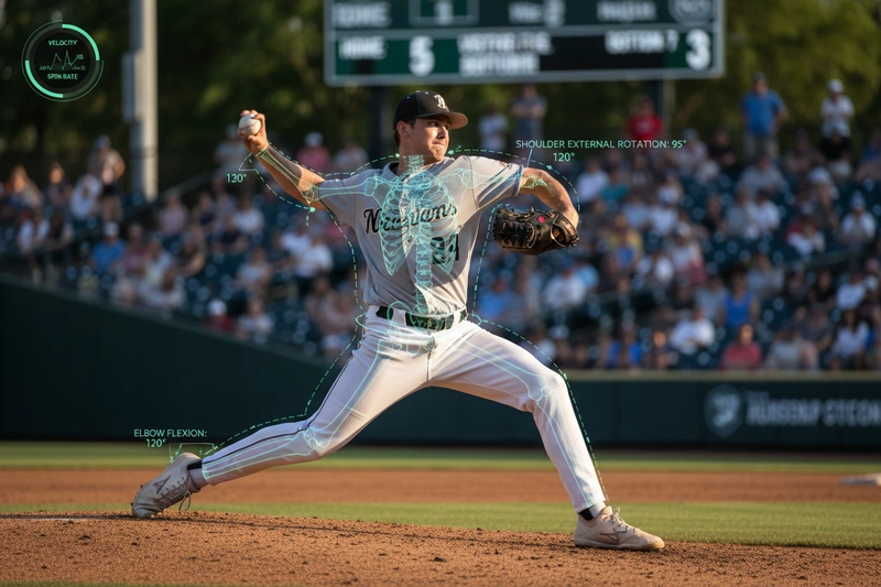 College pitcher mid-delivery with biomechanical analysis overlay