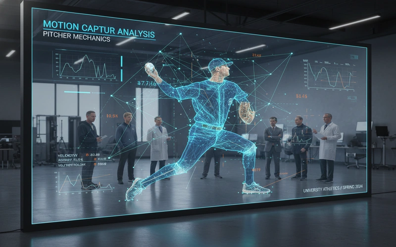 Detailed motion capture analysis of college pitcher's mechanics displayed on large screen