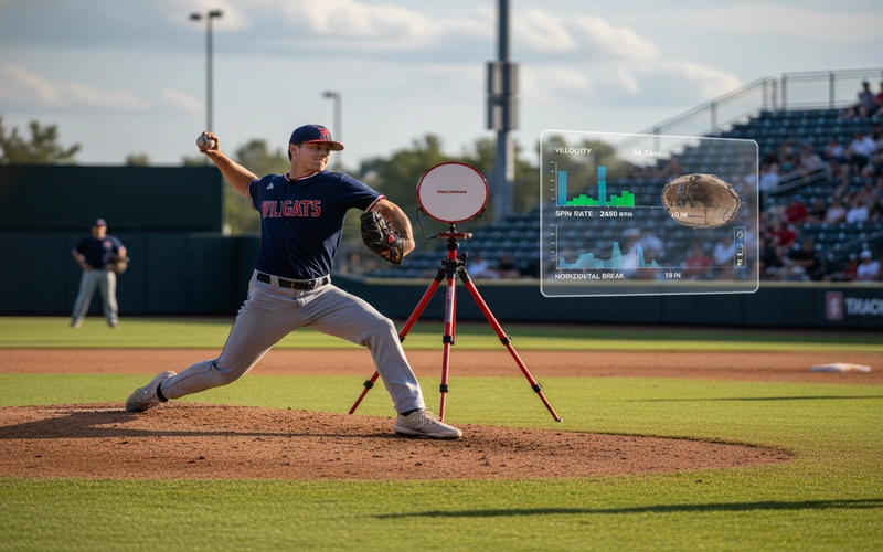College pitcher throwing with Trackman radar system analyzing pitch data in background