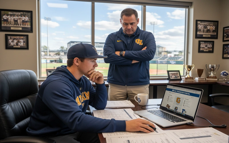 College baseball player reviewing transfer portal options on computer with coach nearby